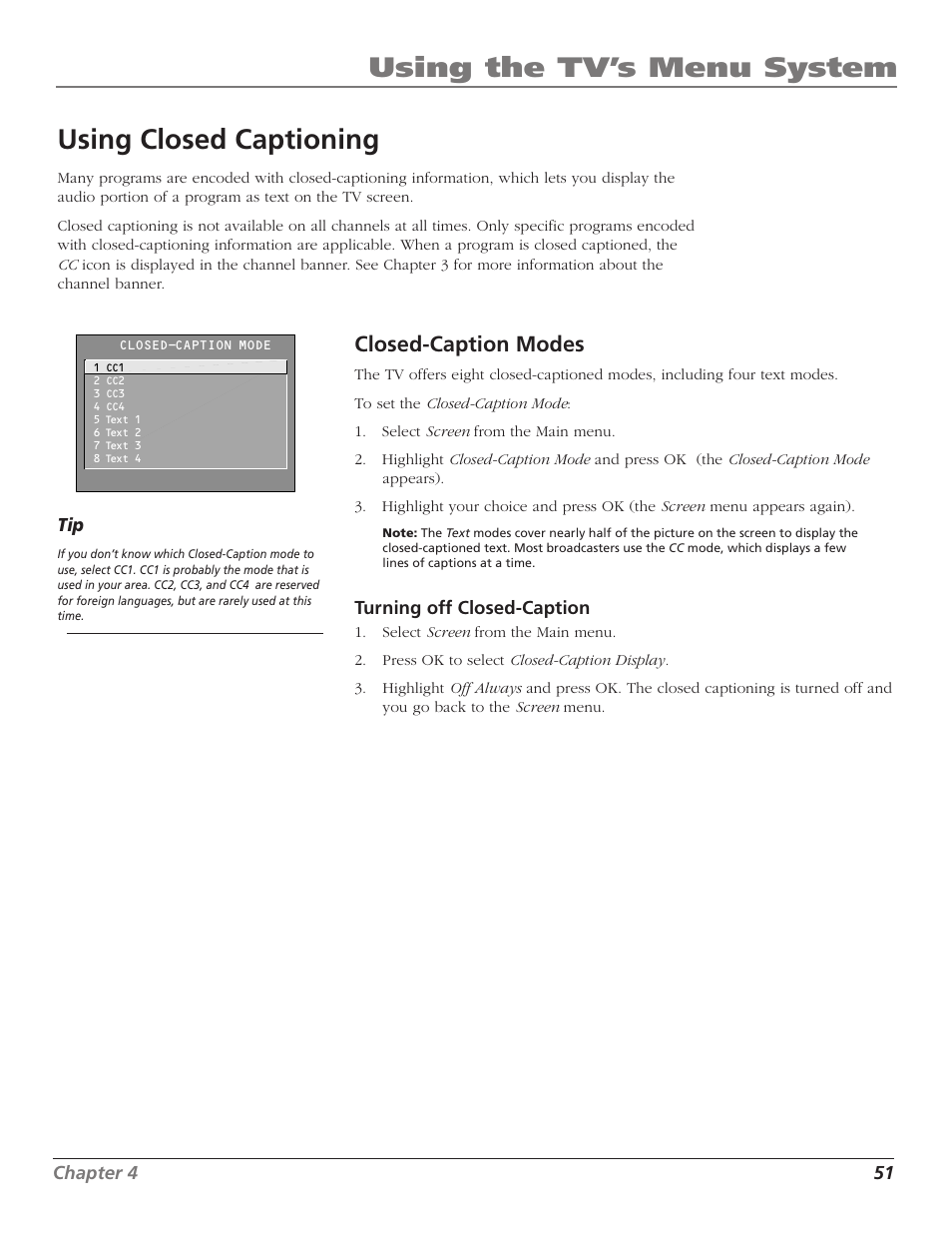 Using the tv’s menu system using closed captioning, Closed-caption modes | RCA F27TF720 User Manual | Page 53 / 64