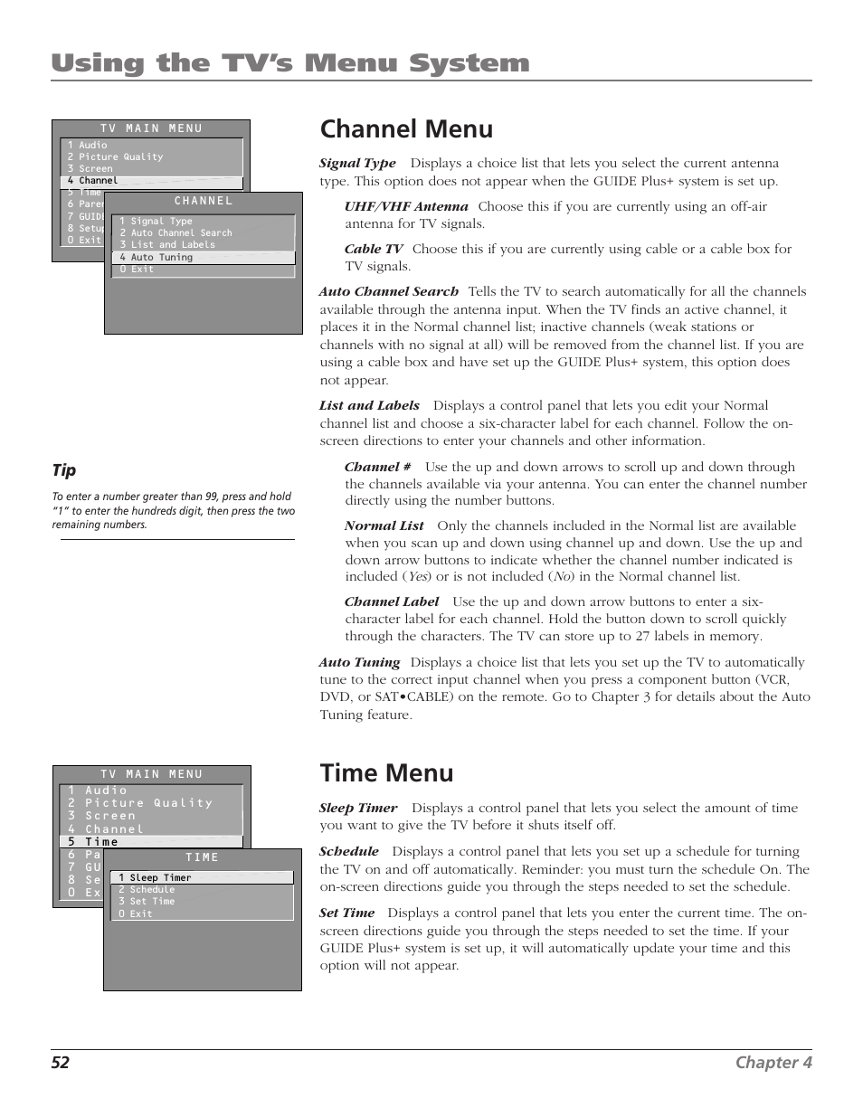 Using the tv’s menu system, Channel menu, Time menu | RCA F27TF720 User Manual | Page 54 / 64