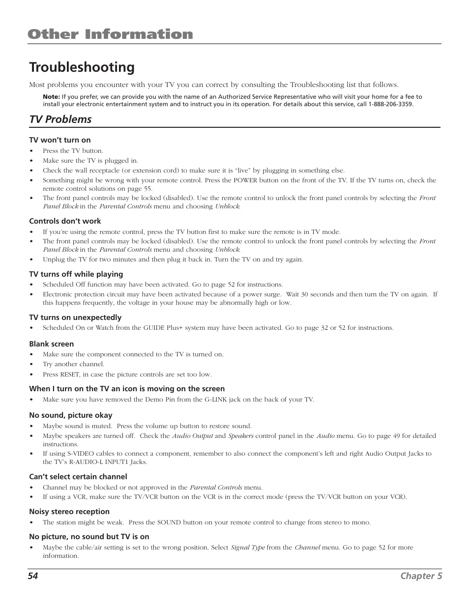 Other information, Troubleshooting, Tv problems | RCA F27TF720 User Manual | Page 56 / 64