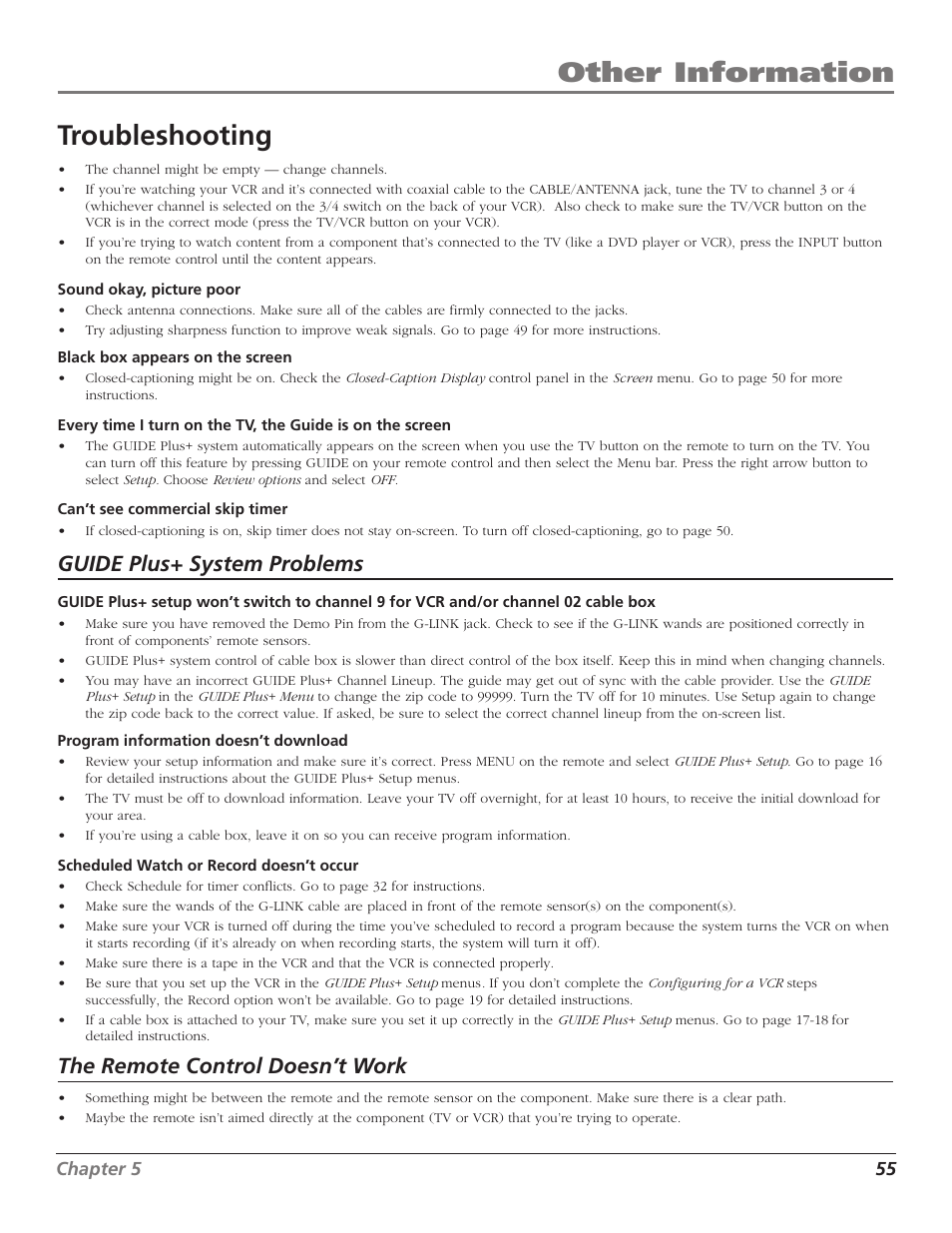 Other information troubleshooting, Guide plus+ system problems, The remote control doesn’t work | RCA F27TF720 User Manual | Page 57 / 64