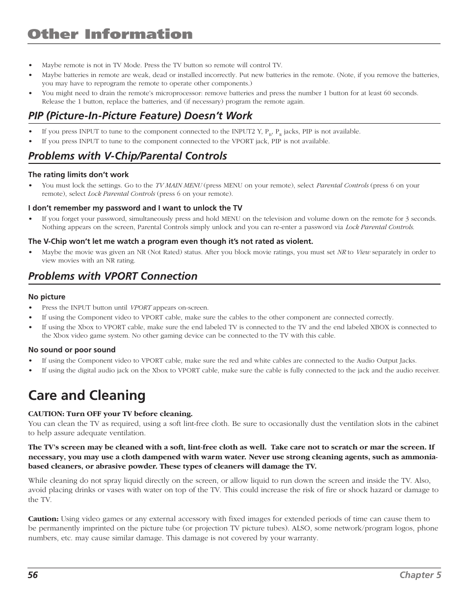 Other information, Care and cleaning, Pip (picture-in-picture feature) doesn’t work | Problems with v-chip/parental controls, Problems with vport connection | RCA F27TF720 User Manual | Page 58 / 64