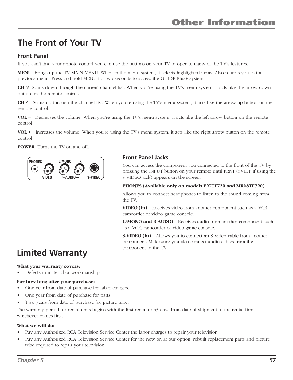 Other information the front of your tv, Limited warranty | RCA F27TF720 User Manual | Page 59 / 64