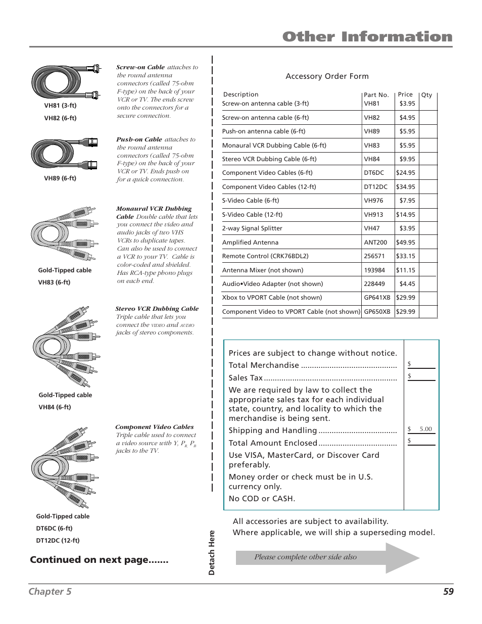 Other information, Chapter 5 59, Continued on next page | RCA F27TF720 User Manual | Page 61 / 64