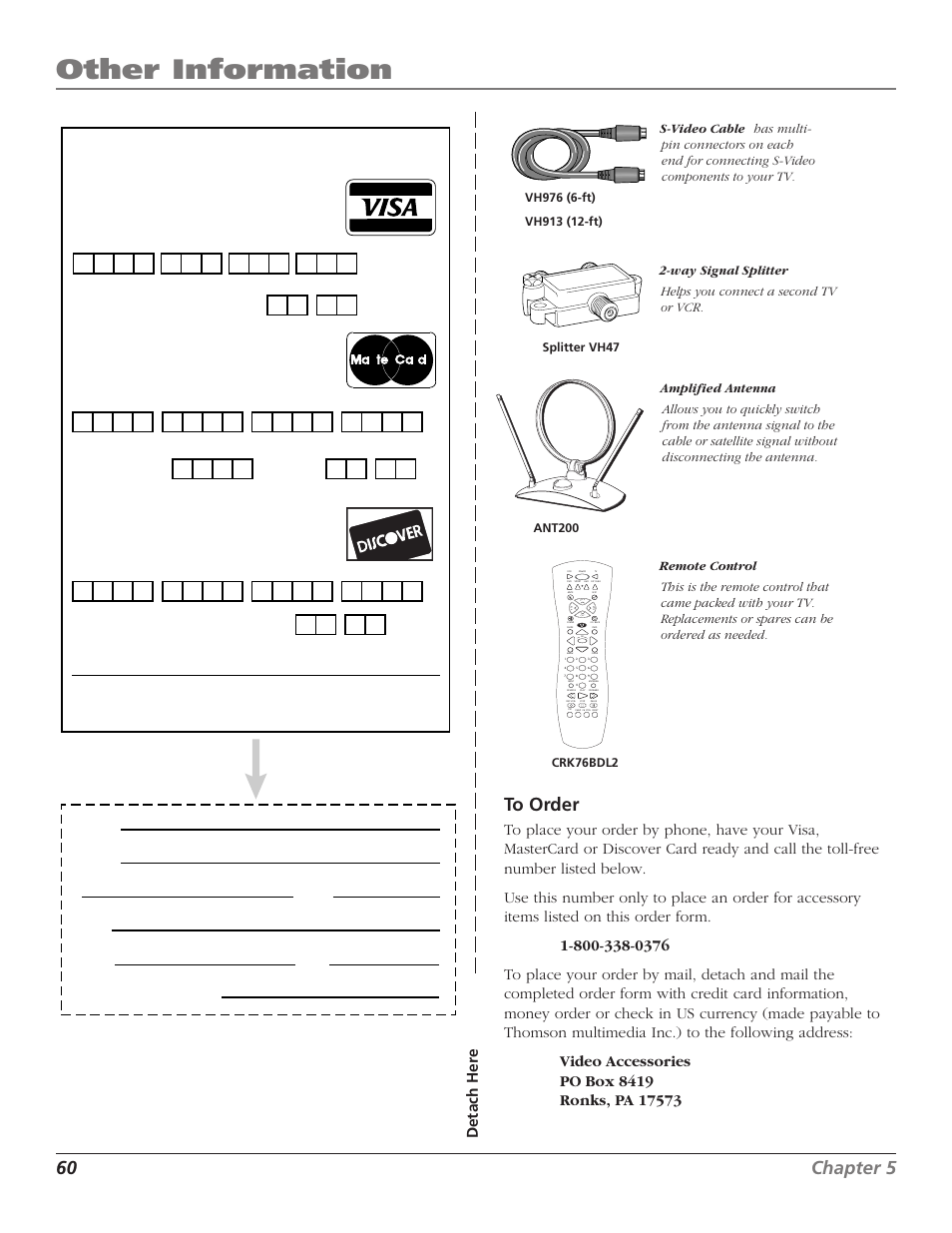 Other information, 60 chapter 5 to order, Detach her e | Use your credit card, Daytime phone number | RCA F27TF720 User Manual | Page 62 / 64