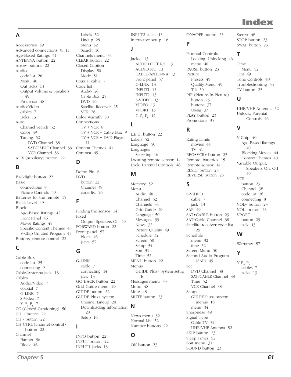 Index, Chapter 5 61 | RCA F27TF720 User Manual | Page 63 / 64