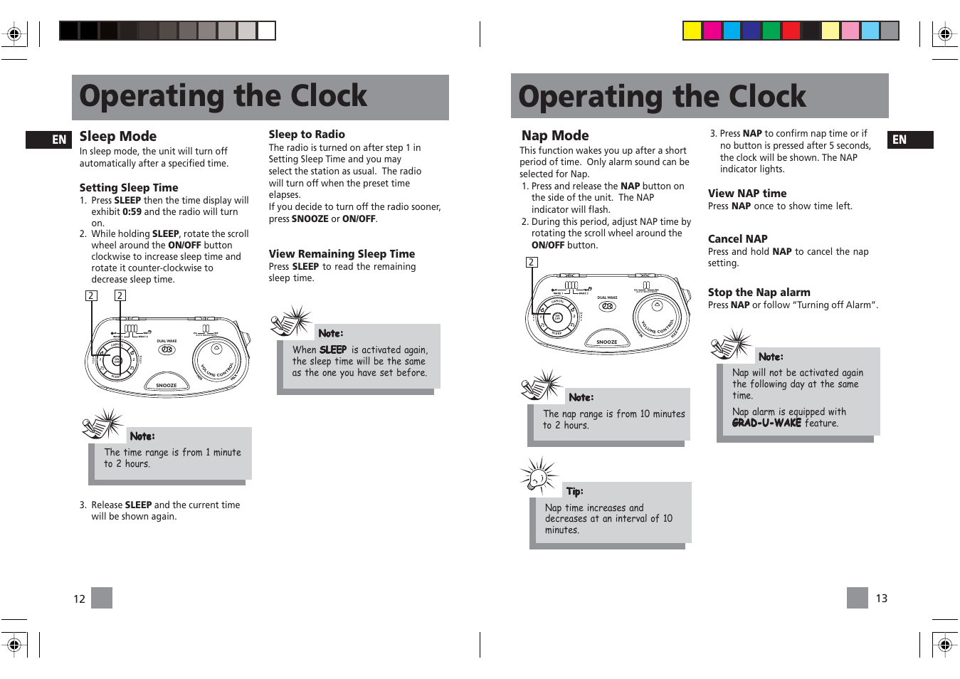Operating the clock, Nap mode, Sleep mode | Setting sleep time, Sleep to radio, View remaining sleep time, View nap time, Cancel nap, Stop the nap alarm | RCA Dual Alarm Clock RP3720 User Manual | Page 10 / 12