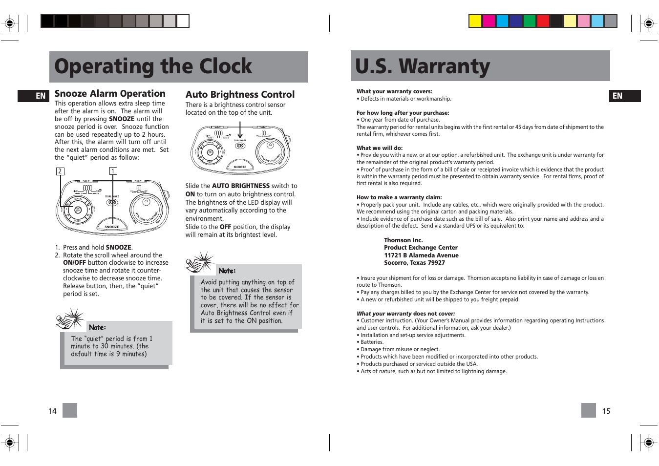 U.s. warranty, Operating the clock, Snooze alarm operation | Auto brightness control | RCA Dual Alarm Clock RP3720 User Manual | Page 11 / 12
