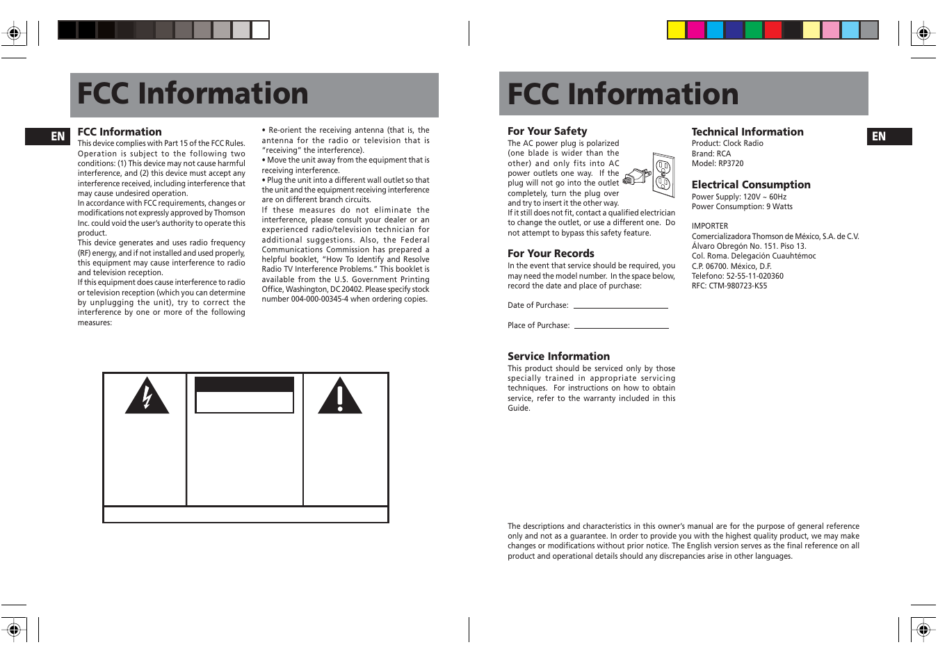 Fcc information, Caution, Warning | RCA Dual Alarm Clock RP3720 User Manual | Page 3 / 12