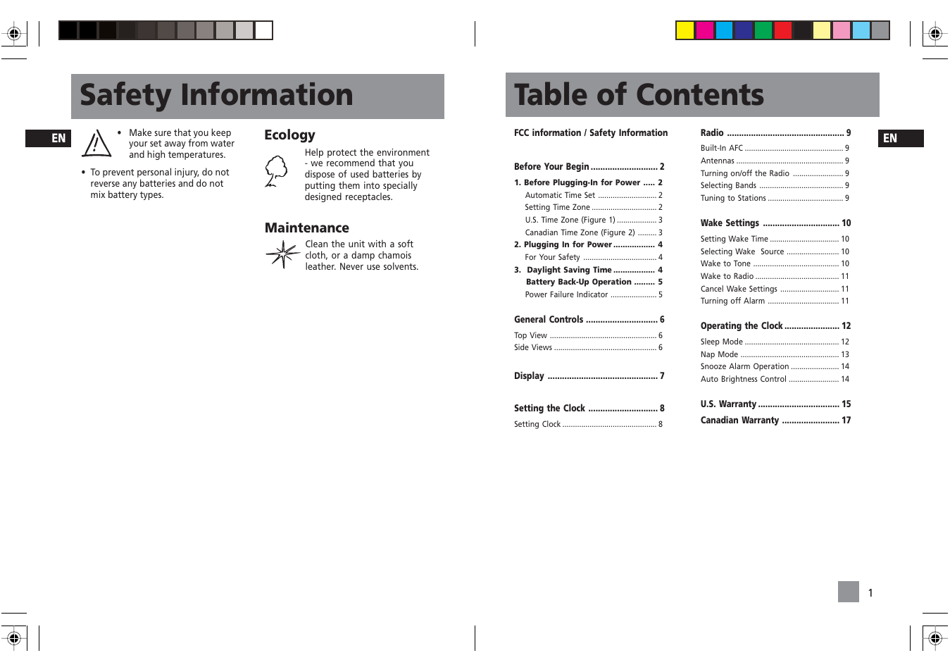 Safety information table of contents, Ecology, Maintenance | RCA Dual Alarm Clock RP3720 User Manual | Page 4 / 12