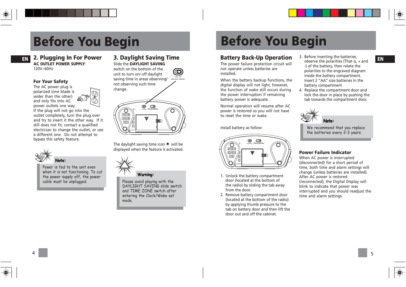 Before you begin, Battery back-up operation, Daylight saving time | Plugging in for power | RCA Dual Alarm Clock RP3720 User Manual | Page 6 / 12