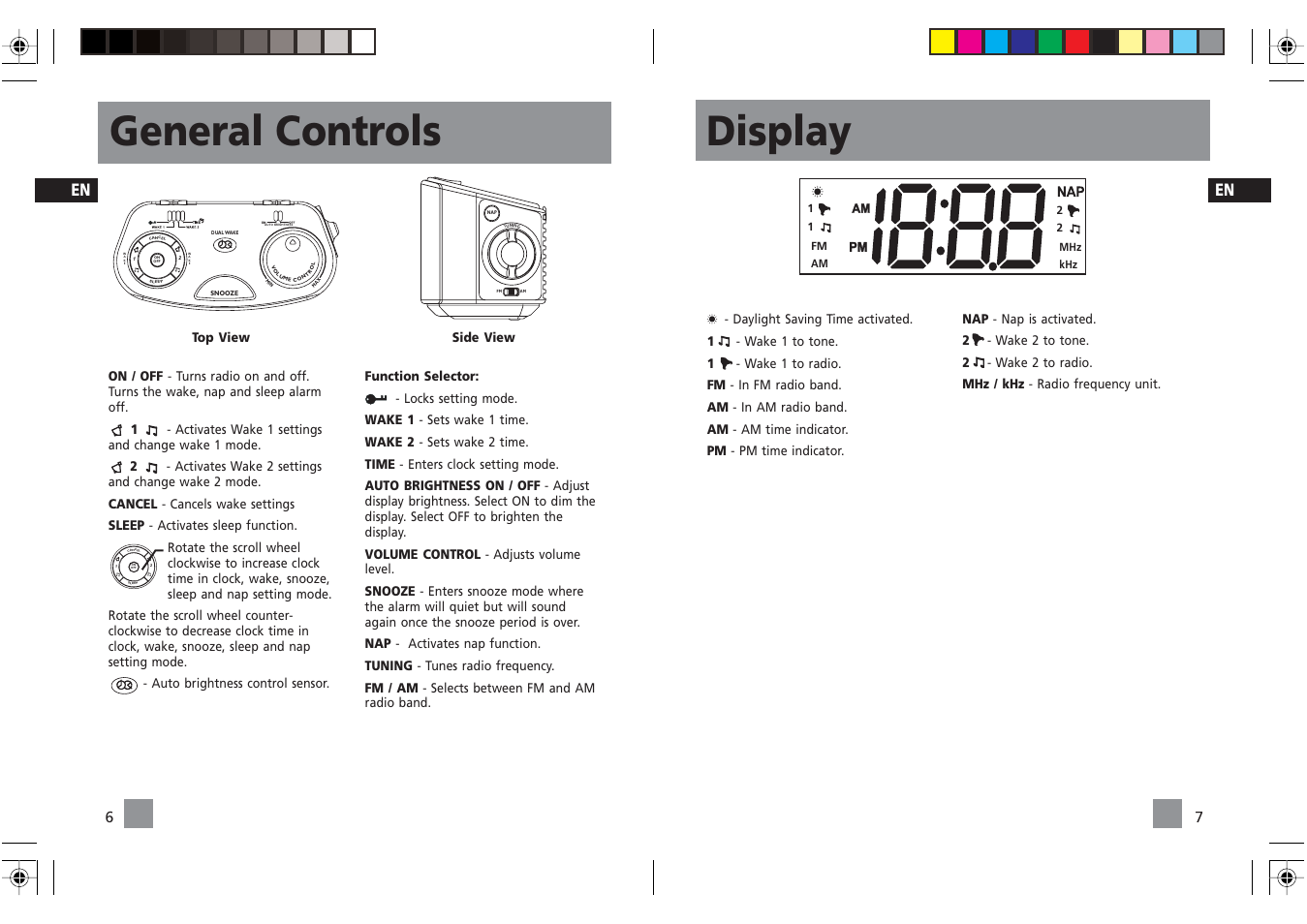 Display, General controls | RCA Dual Alarm Clock RP3720 User Manual | Page 7 / 12