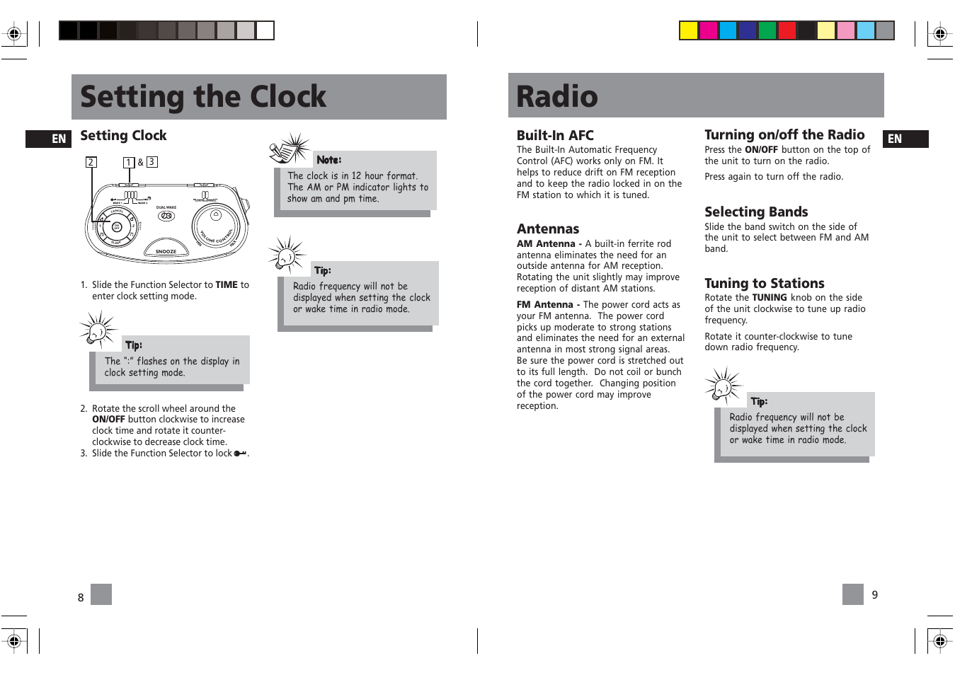 Radio, Setting the clock, Built-in afc | Antennas, Turning on/off the radio, Selecting bands, Tuning to stations, Setting clock | RCA Dual Alarm Clock RP3720 User Manual | Page 8 / 12