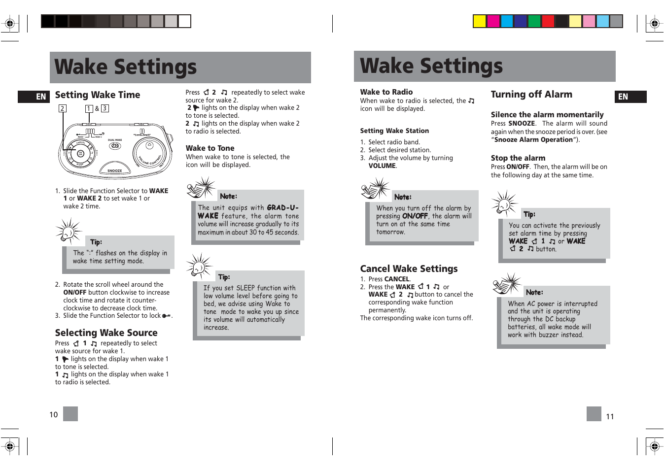 Wake settings, Cancel wake settings, Turning off alarm | Setting wake time, Selecting wake source | RCA Dual Alarm Clock RP3720 User Manual | Page 9 / 12