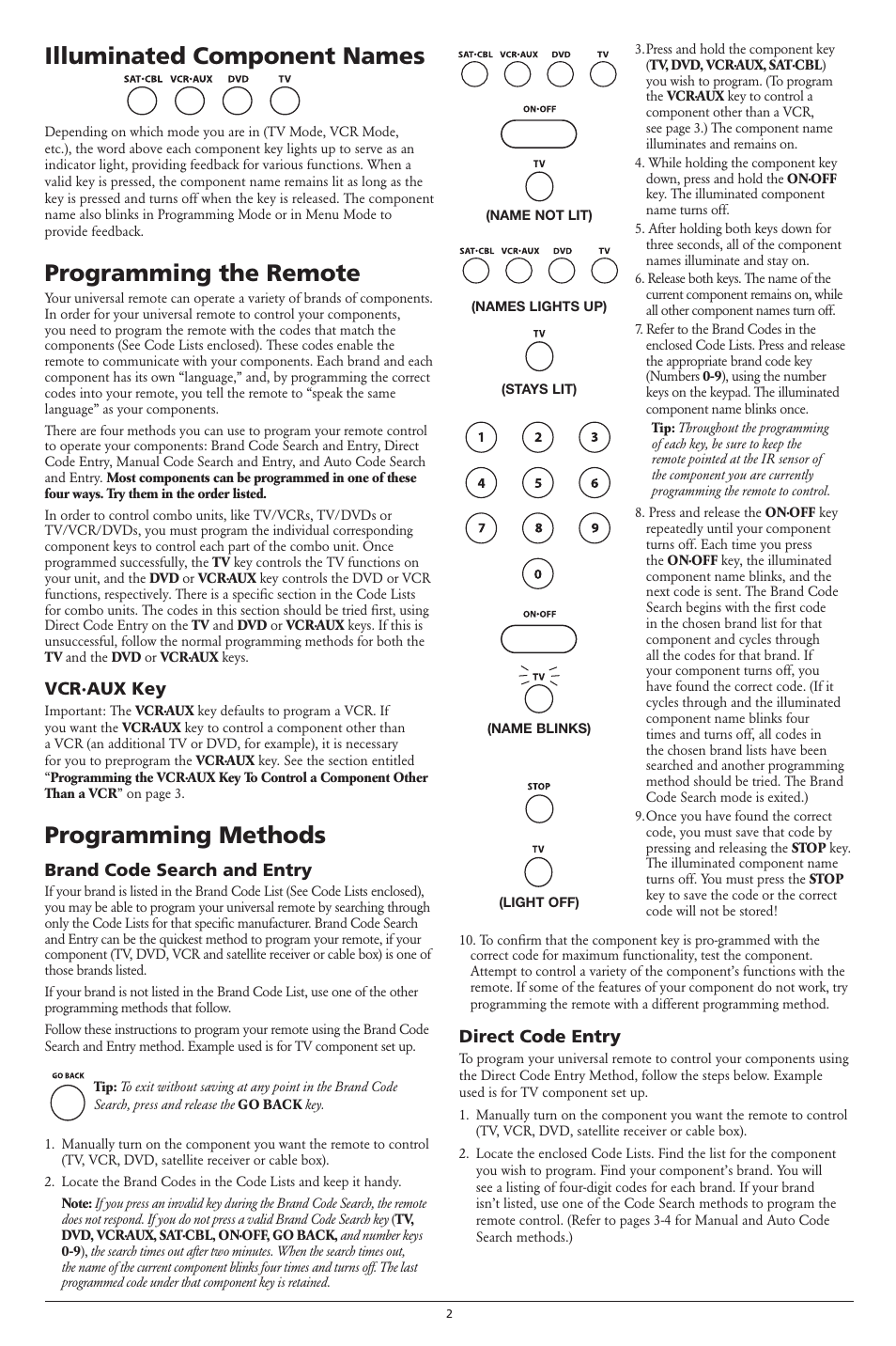 Illuminated component names, Programming the remote, Programming methods | Vcr·aux key, Brand code search and entry, Direct code entry | RCA RCR461 User Manual | Page 2 / 7