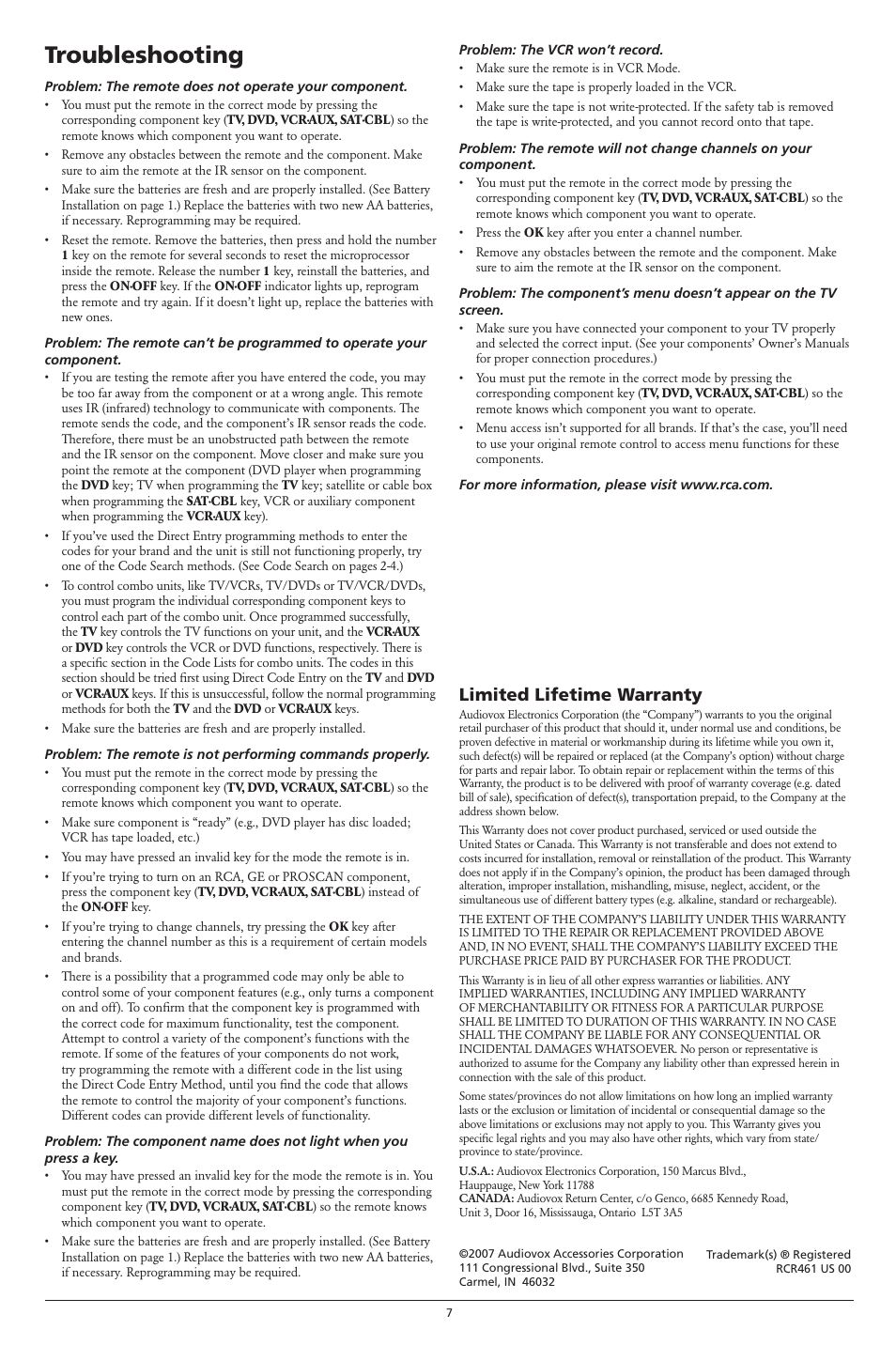 Troubleshooting, Limited lifetime warranty | RCA RCR461 User Manual | Page 7 / 7