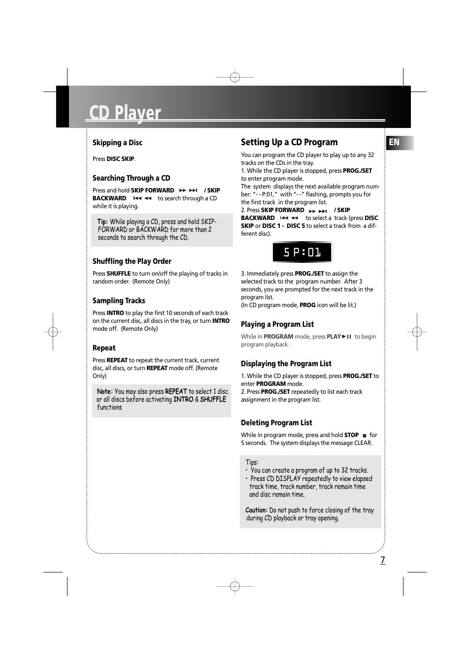 Cd player, 5 p:01, Setting up a cd program | RCA fm radio tuner User Manual | Page 10 / 19