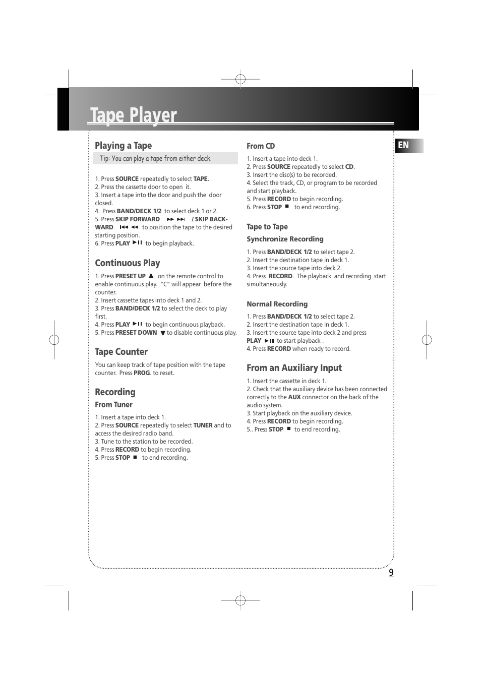 Tape player | RCA fm radio tuner User Manual | Page 12 / 19