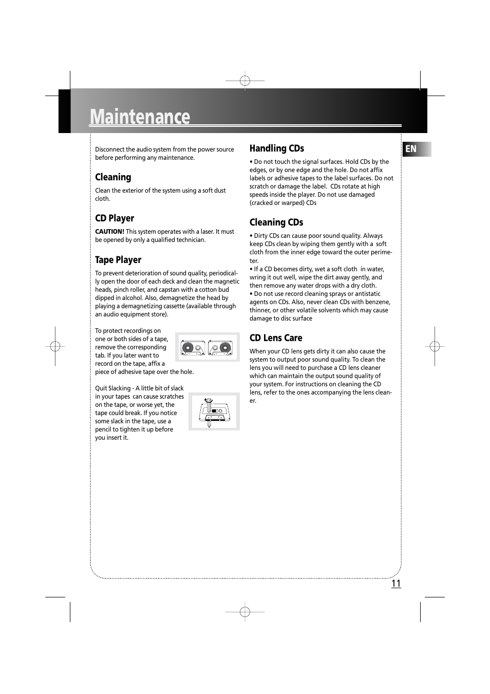 Maintenance, 11 en, Cleaning | Cd player, Tape player, Handling cds, Cleaning cds, Cd lens care | RCA fm radio tuner User Manual | Page 14 / 19