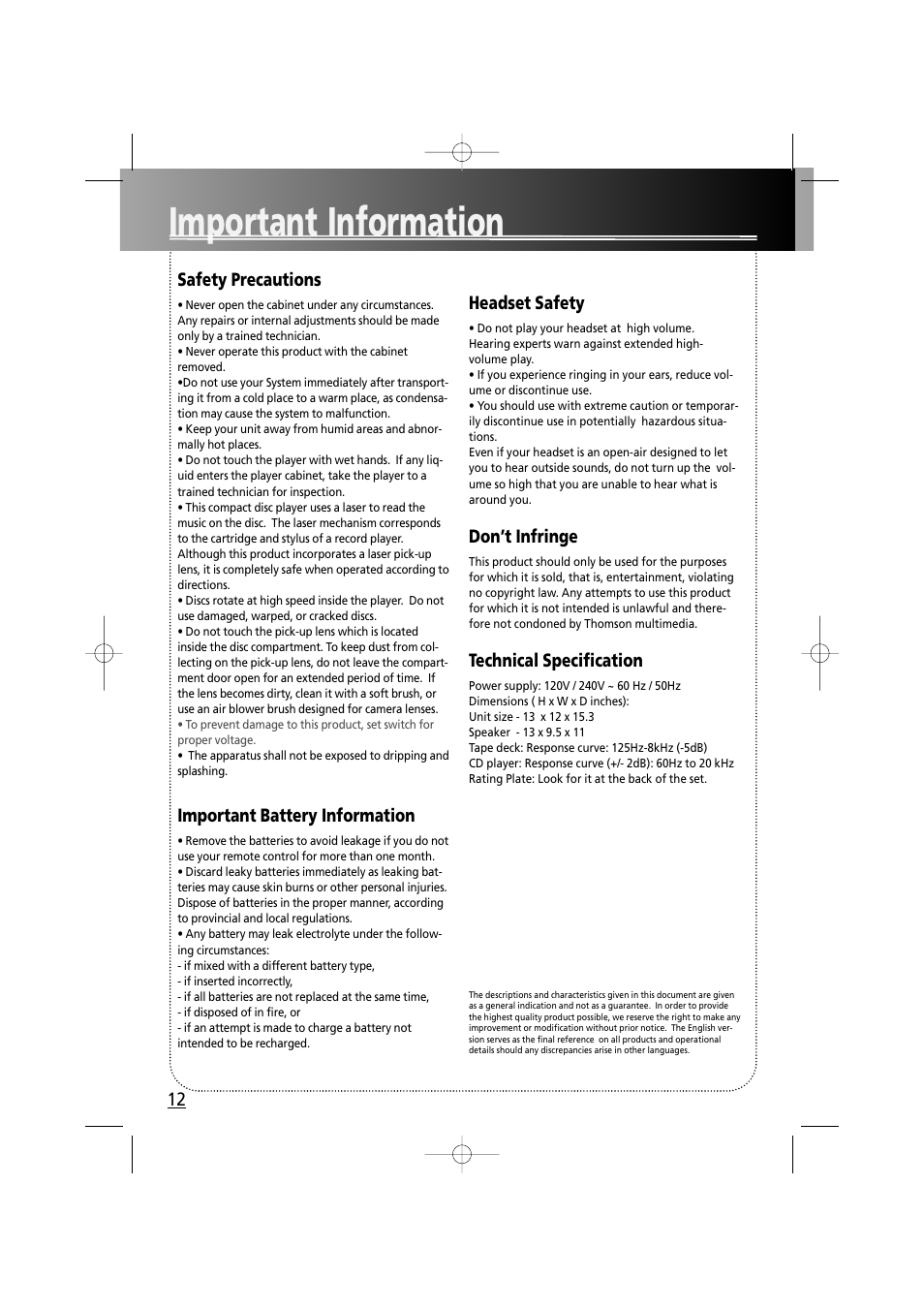Important information | RCA fm radio tuner User Manual | Page 15 / 19