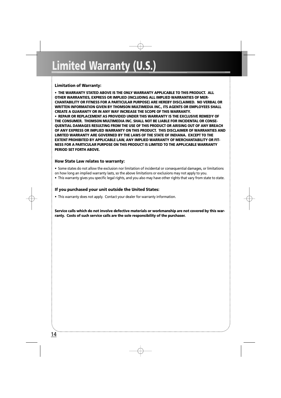 Limited warranty (u.s.) | RCA fm radio tuner User Manual | Page 17 / 19