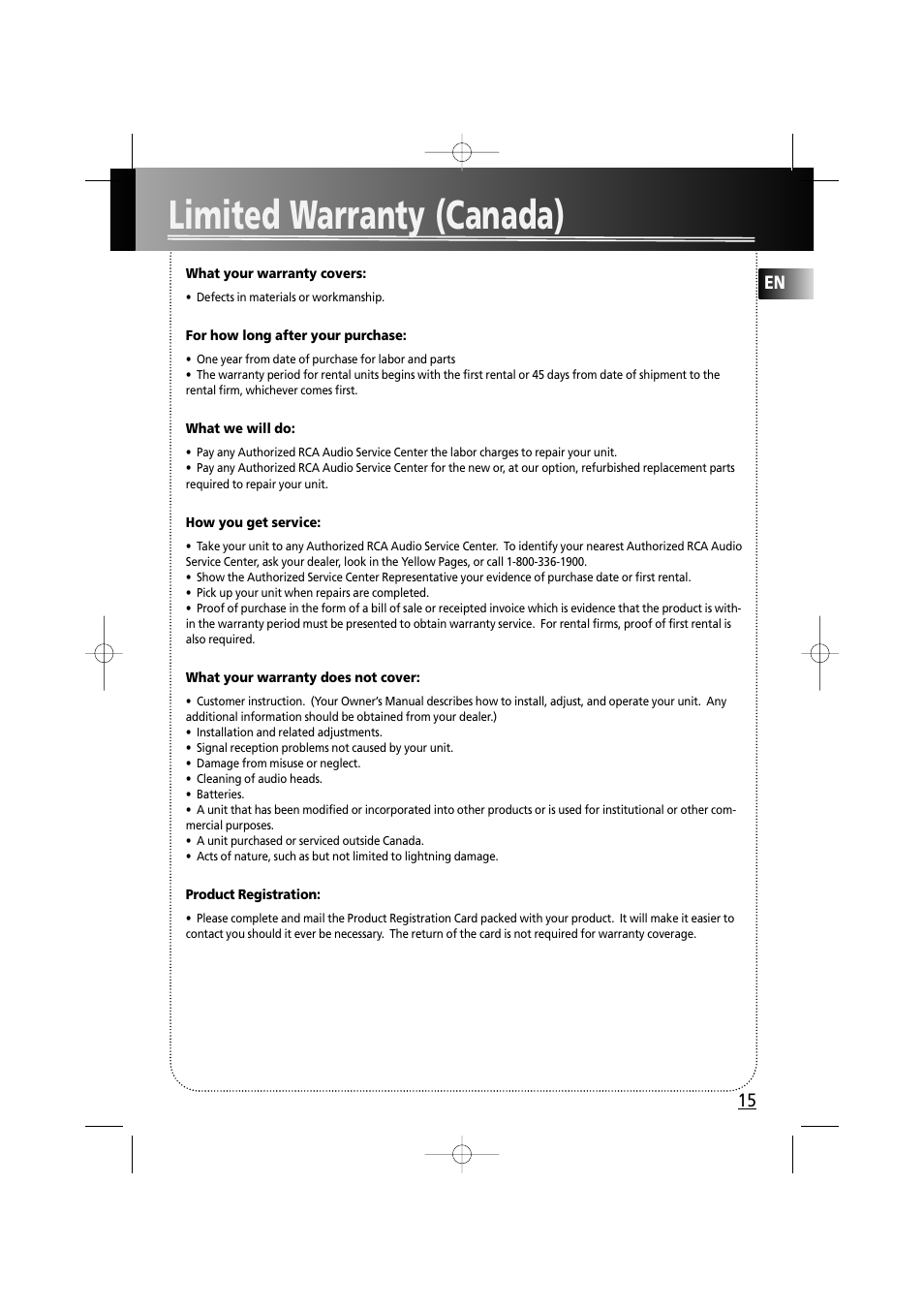 Limited warranty (canada) | RCA fm radio tuner User Manual | Page 18 / 19