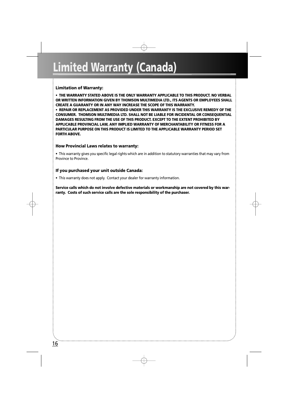Limited warranty (canada) | RCA fm radio tuner User Manual | Page 19 / 19