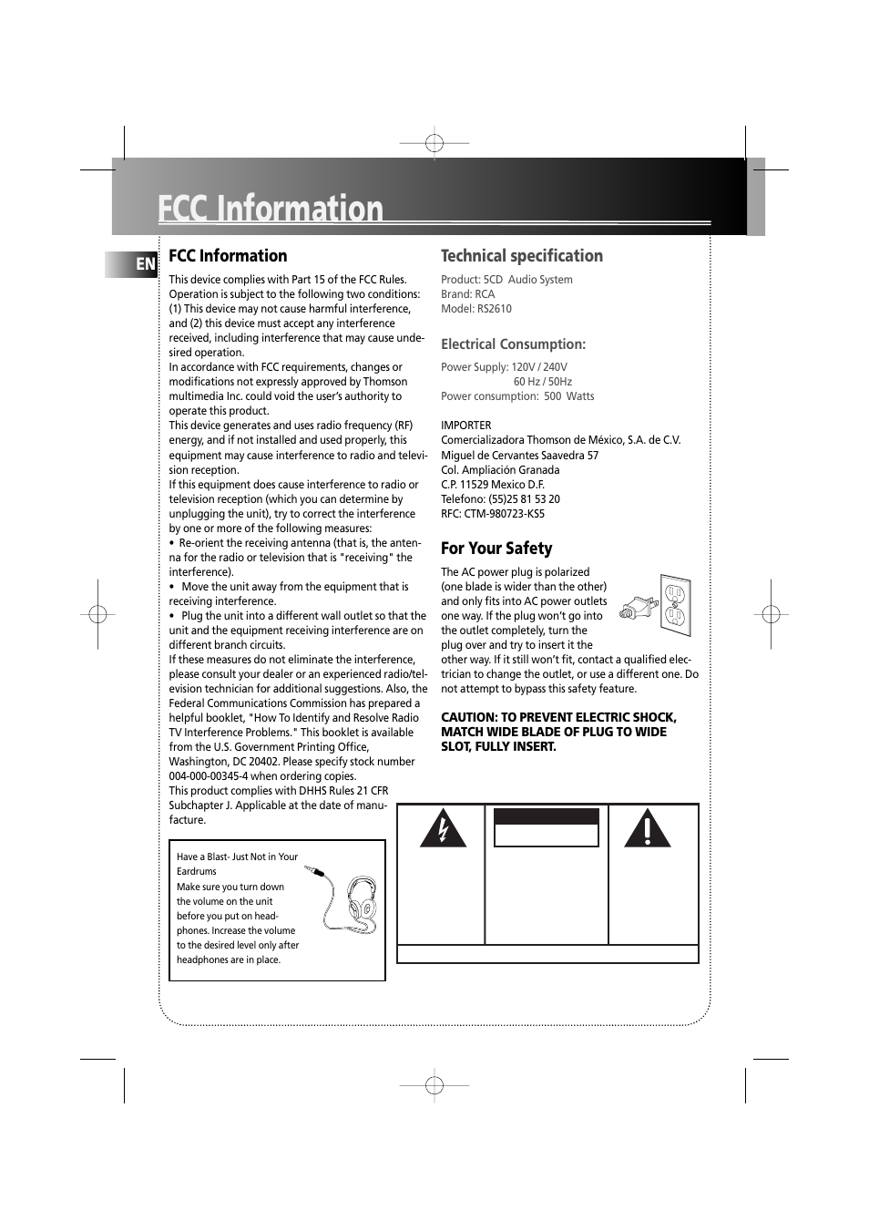 Fcc information, En fcc information, Technical specification | For your safety, Caution | RCA fm radio tuner User Manual | Page 3 / 19