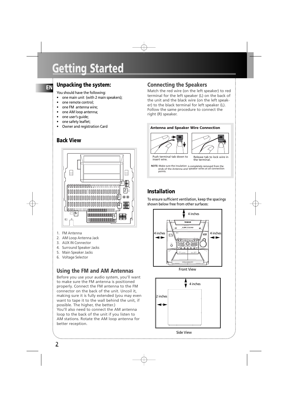 Getting started, En 2 unpacking the system, Back view | Using the fm and am antennas, Connecting the speakers, Installation | RCA fm radio tuner User Manual | Page 5 / 19