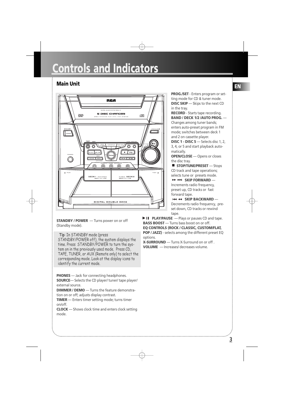 Controls and indicators, En main unit | RCA fm radio tuner User Manual | Page 6 / 19
