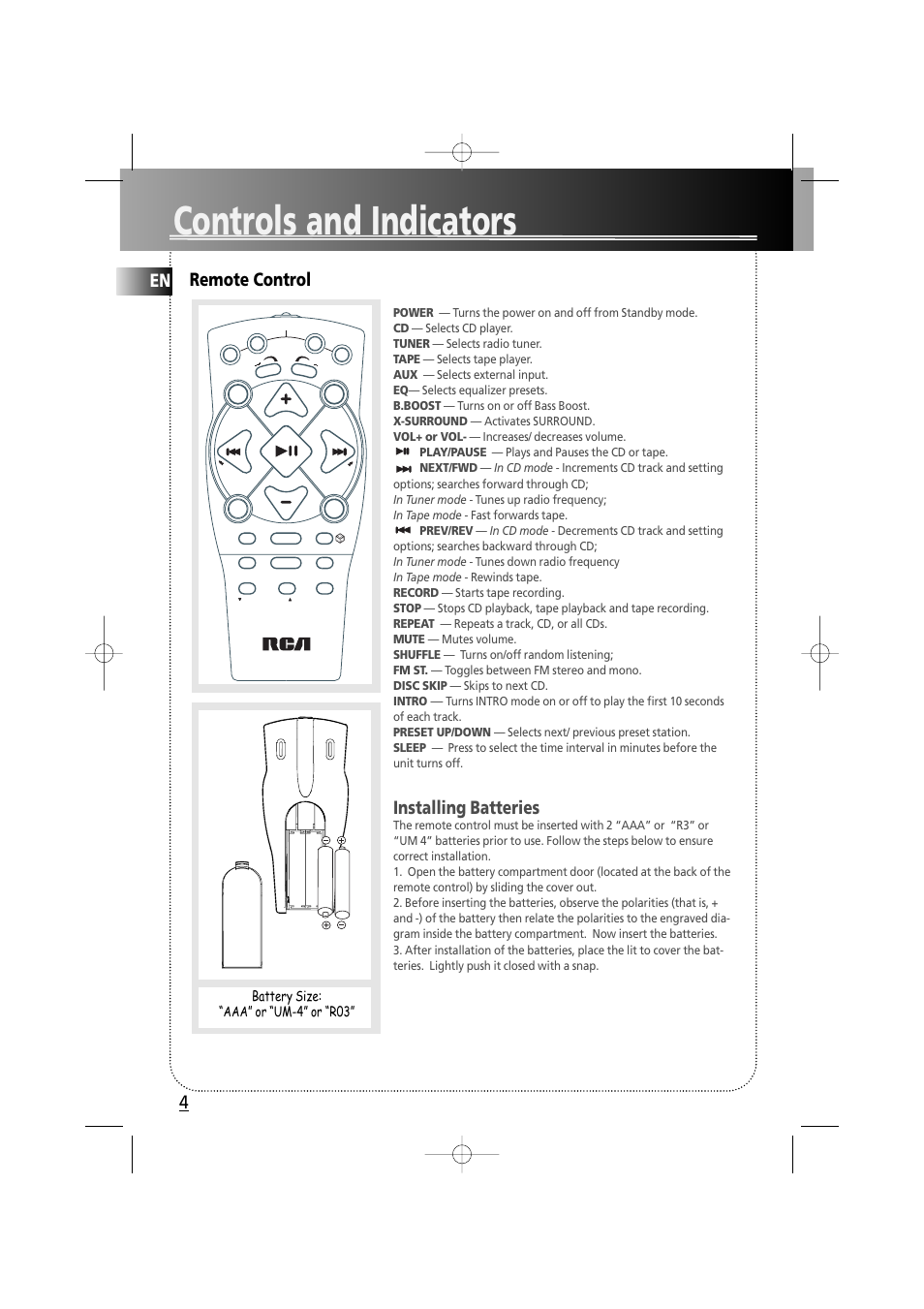 Controls and indicators, Remote control, Installing batteries | En 4, Battery size: “aaa” or “um-4” or “r03 | RCA fm radio tuner User Manual | Page 7 / 19