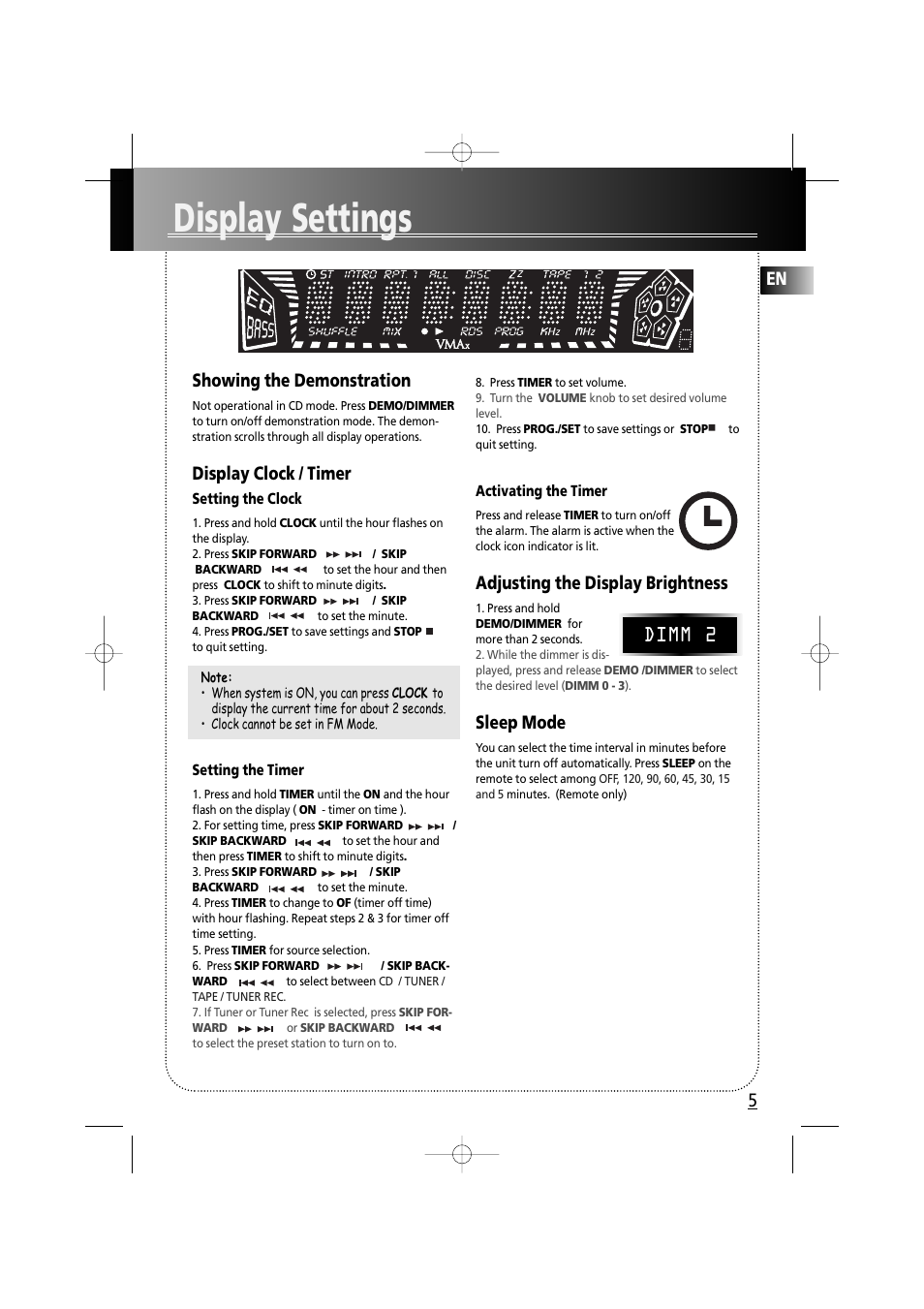 Display settings, Showing the demonstration, Display clock / timer | Adjusting the display brightness, Sleep mode, Dimm 2 | RCA fm radio tuner User Manual | Page 8 / 19