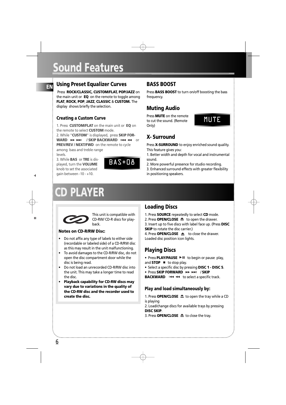 Sound features, Cd player, Bas+08 mute | RCA fm radio tuner User Manual | Page 9 / 19