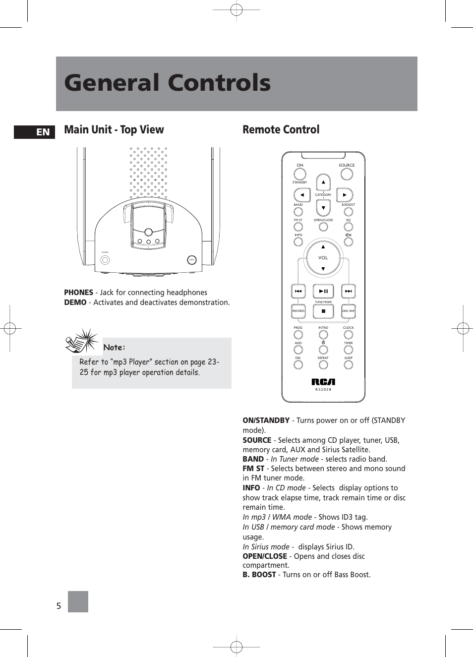 General controls, Main unit - top view, Remote control | RCA RS2058 User Manual | Page 10 / 38