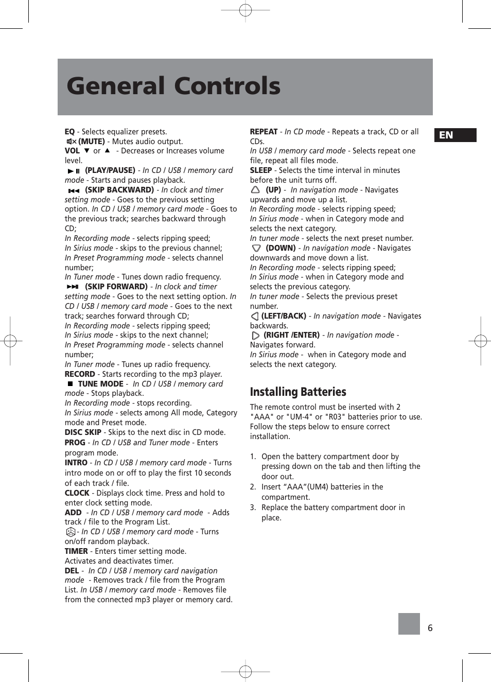 General controls, Installing batteries | RCA RS2058 User Manual | Page 11 / 38