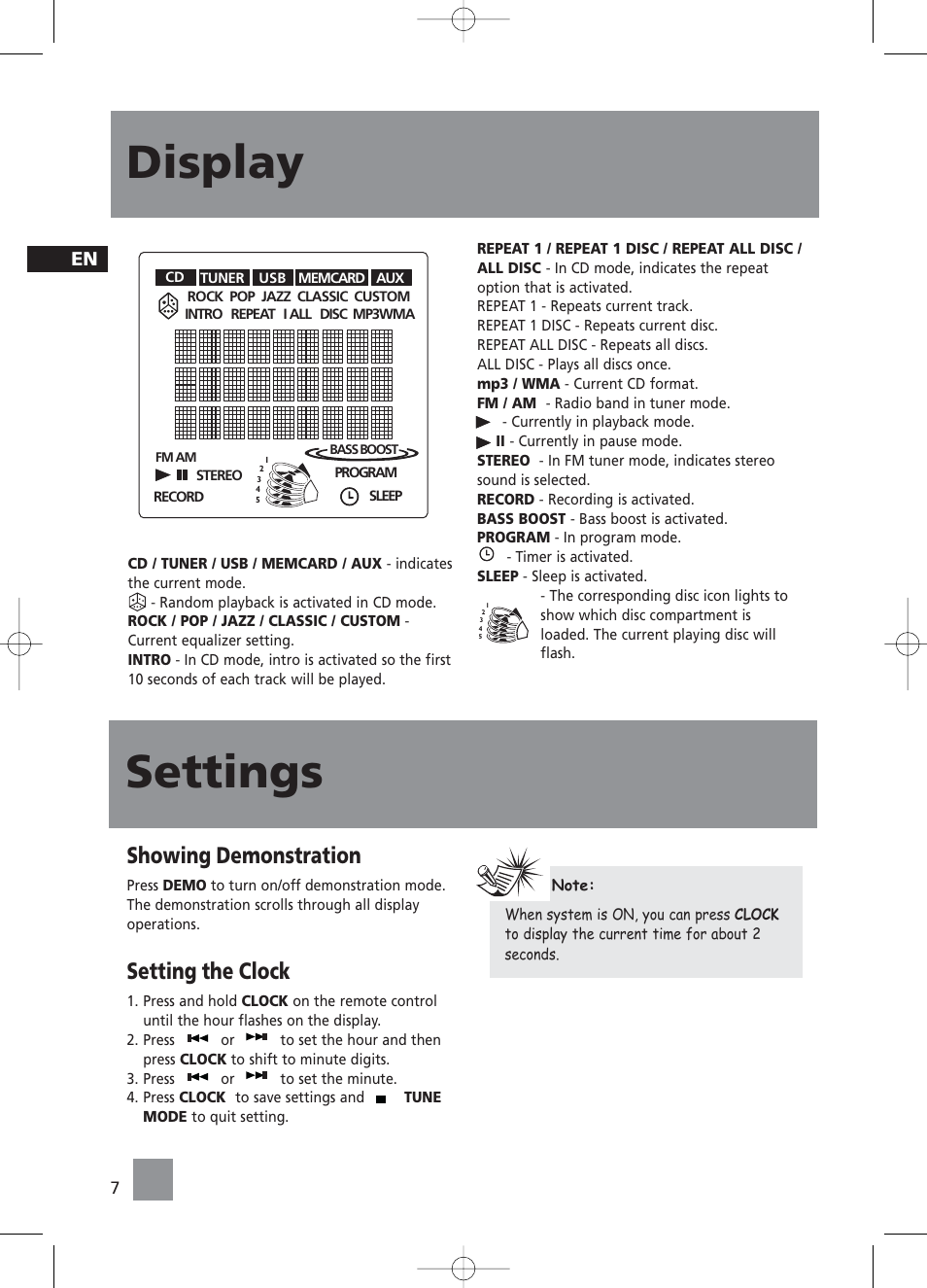 Display, Settings, Showing demonstration | Setting the clock | RCA RS2058 User Manual | Page 12 / 38