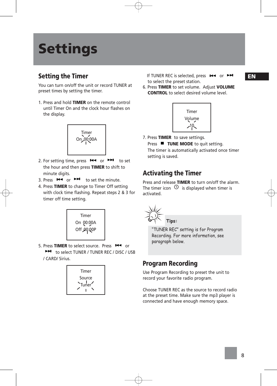 Settings, Setting the timer, Activating the timer | Program recording | RCA RS2058 User Manual | Page 13 / 38