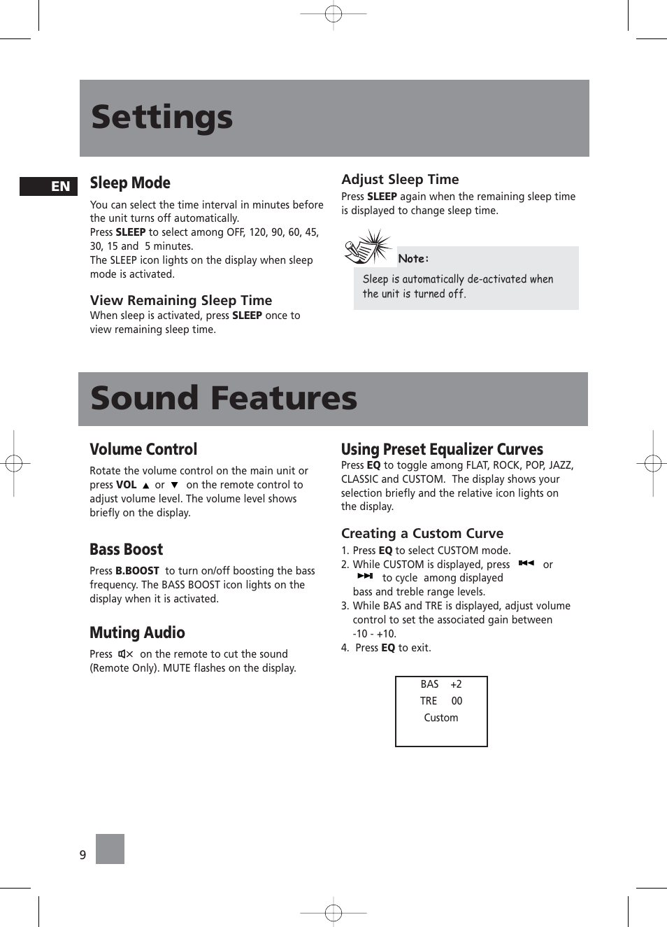 Settings, Sound features, Sleep mode | Volume control, Bass boost, Muting audio, Using preset equalizer curves | RCA RS2058 User Manual | Page 14 / 38