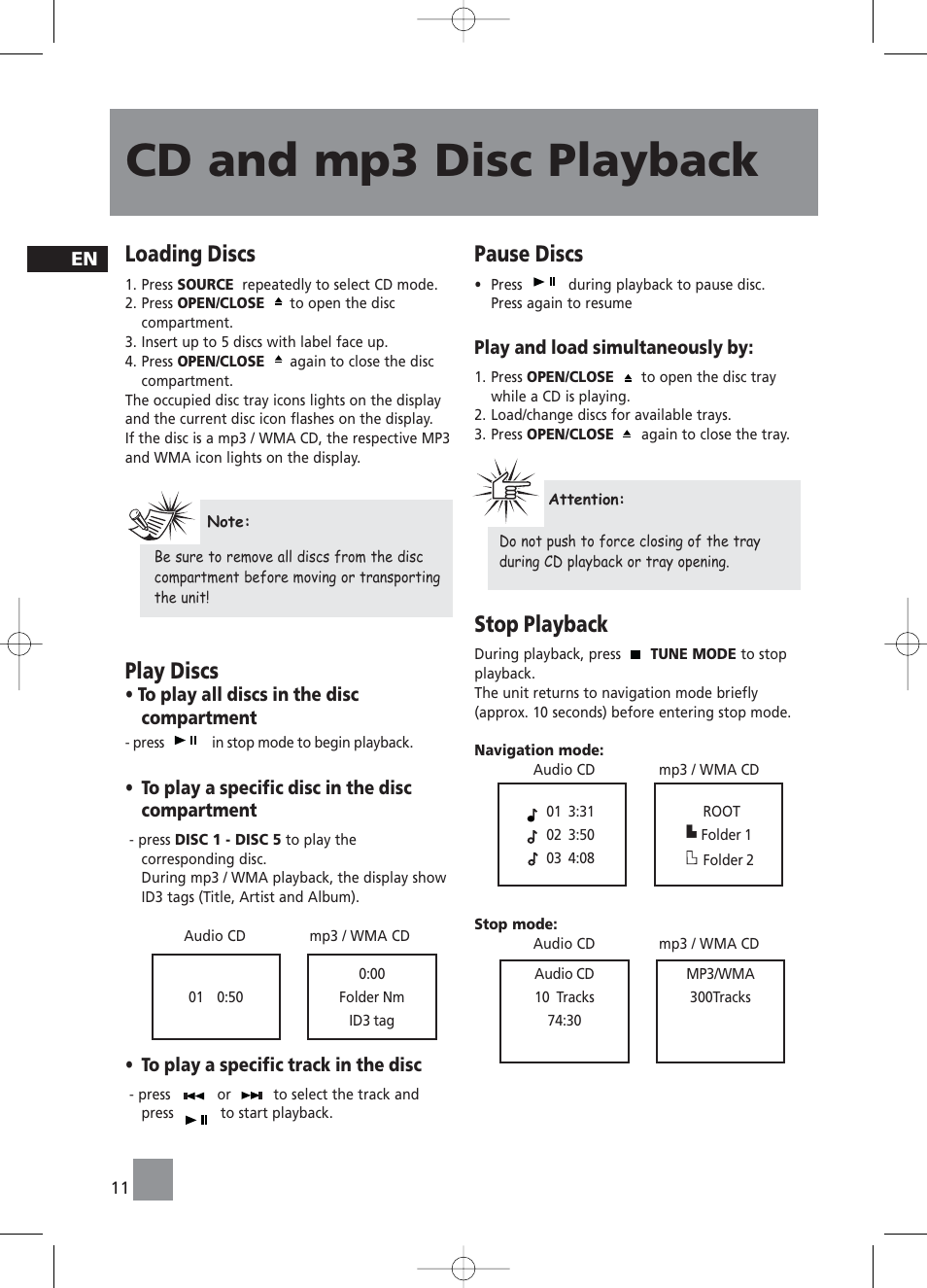 Cd and mp3 disc playback, Loading discs, Play discs | Pause discs, Stop playback | RCA RS2058 User Manual | Page 16 / 38