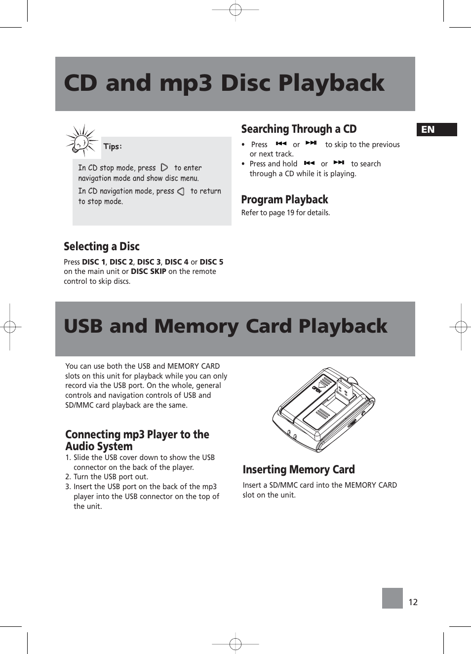 Cd and mp3 disc playback, Selecting a disc, Searching through a cd | Program playback, Connecting mp3 player to the audio system | RCA RS2058 User Manual | Page 17 / 38