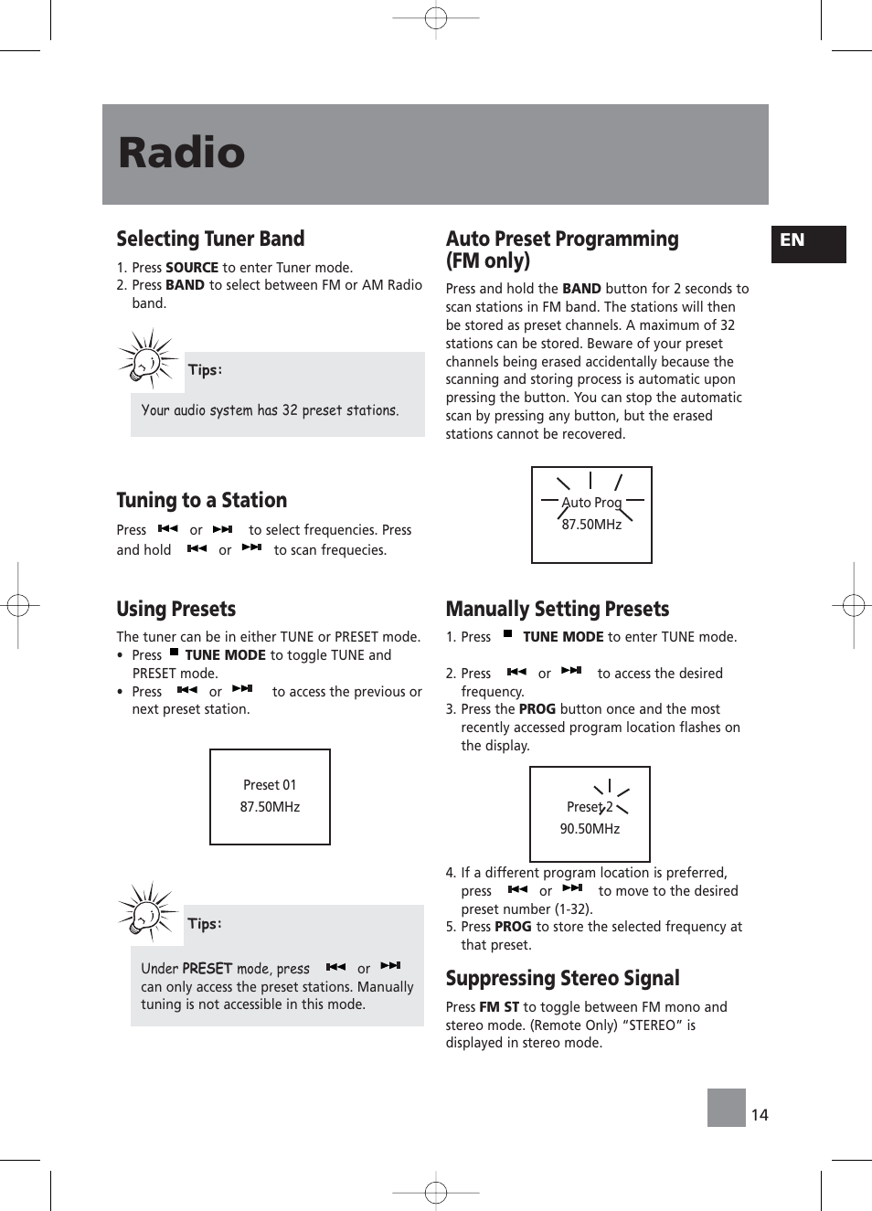 Radio, Selecting tuner band, Tuning to a station | Using presets, Auto preset programming (fm only), Manually setting presets, Suppressing stereo signal | RCA RS2058 User Manual | Page 19 / 38