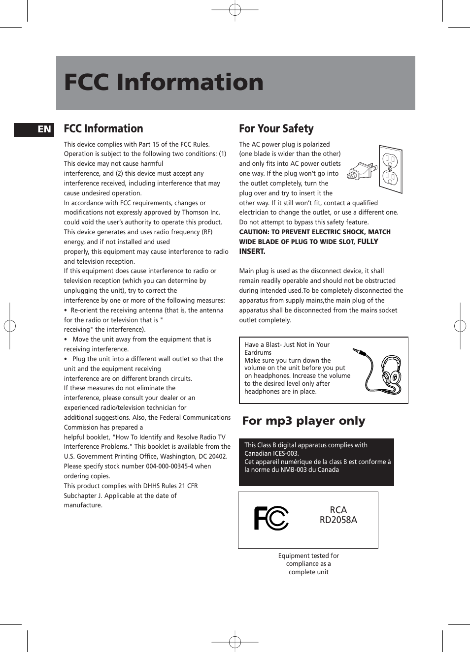 Fcc information, For your safety, For mp3 player only | RCA RS2058 User Manual | Page 2 / 38