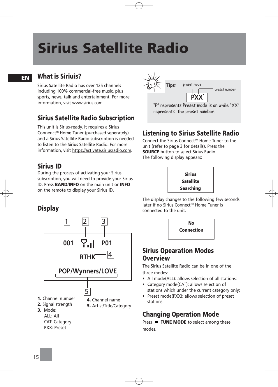 Sirius satellite radio, What is siriuis, Sirius satellite radio subscription | Sirius id, Display, Listening to sirius satellite radio, Sirius opearation modes overview, Changing operation mode | RCA RS2058 User Manual | Page 20 / 38