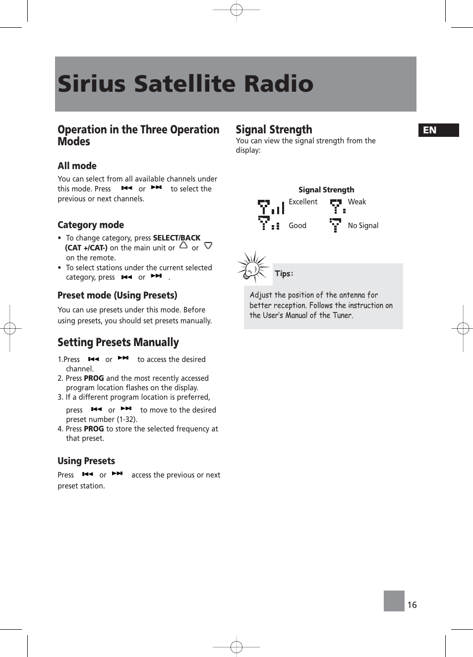 Sirius satellite radio, Operation in the three operation modes, Setting presets manually | Signal strength | RCA RS2058 User Manual | Page 21 / 38