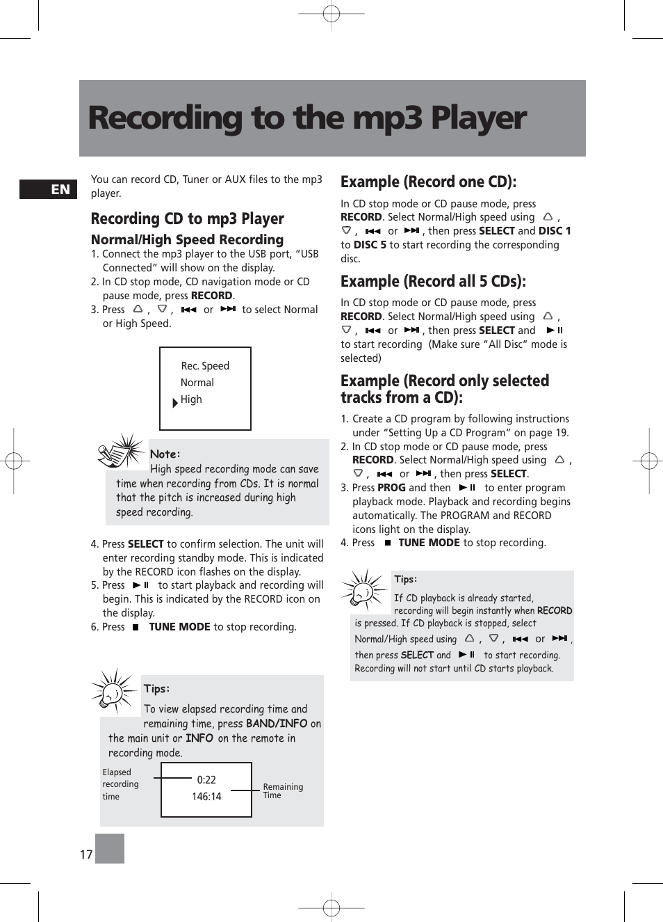 Recording to the mp3 player, Recording cd to mp3 player, Example (record one cd) | Example (record all 5 cds), Example (record only selected tracks from a cd) | RCA RS2058 User Manual | Page 22 / 38