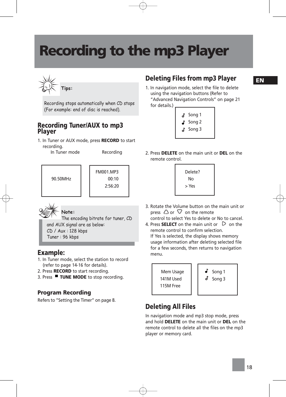 Recording to the mp3 player, Recording tuner/aux to mp3 player, Example | Deleting files from mp3 player, Deleting all files | RCA RS2058 User Manual | Page 23 / 38