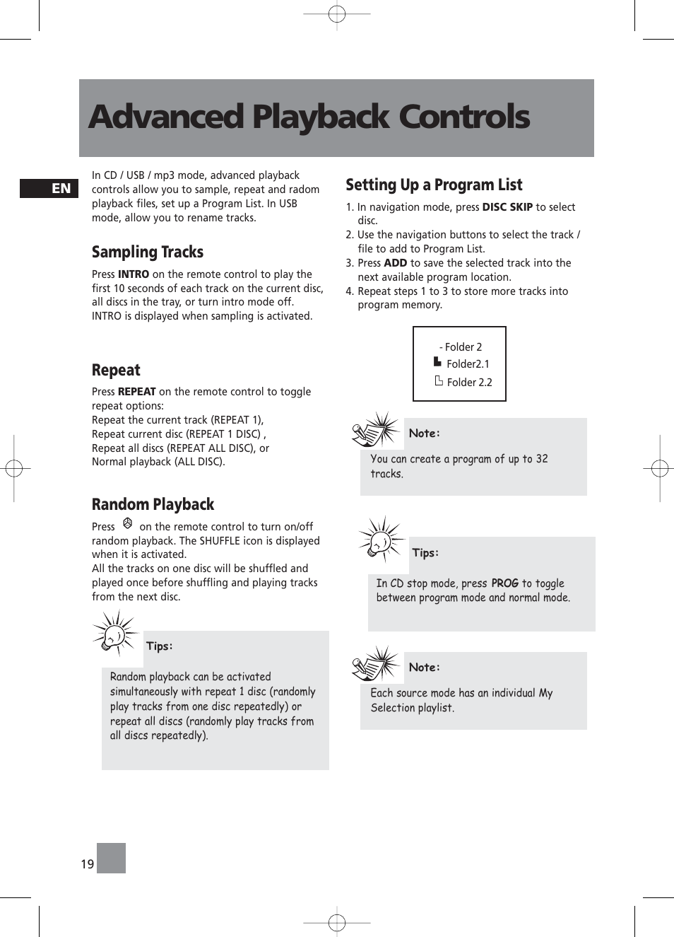 Advanced playback controls, Sampling tracks, Repeat | Random playback, Setting up a program list | RCA RS2058 User Manual | Page 24 / 38