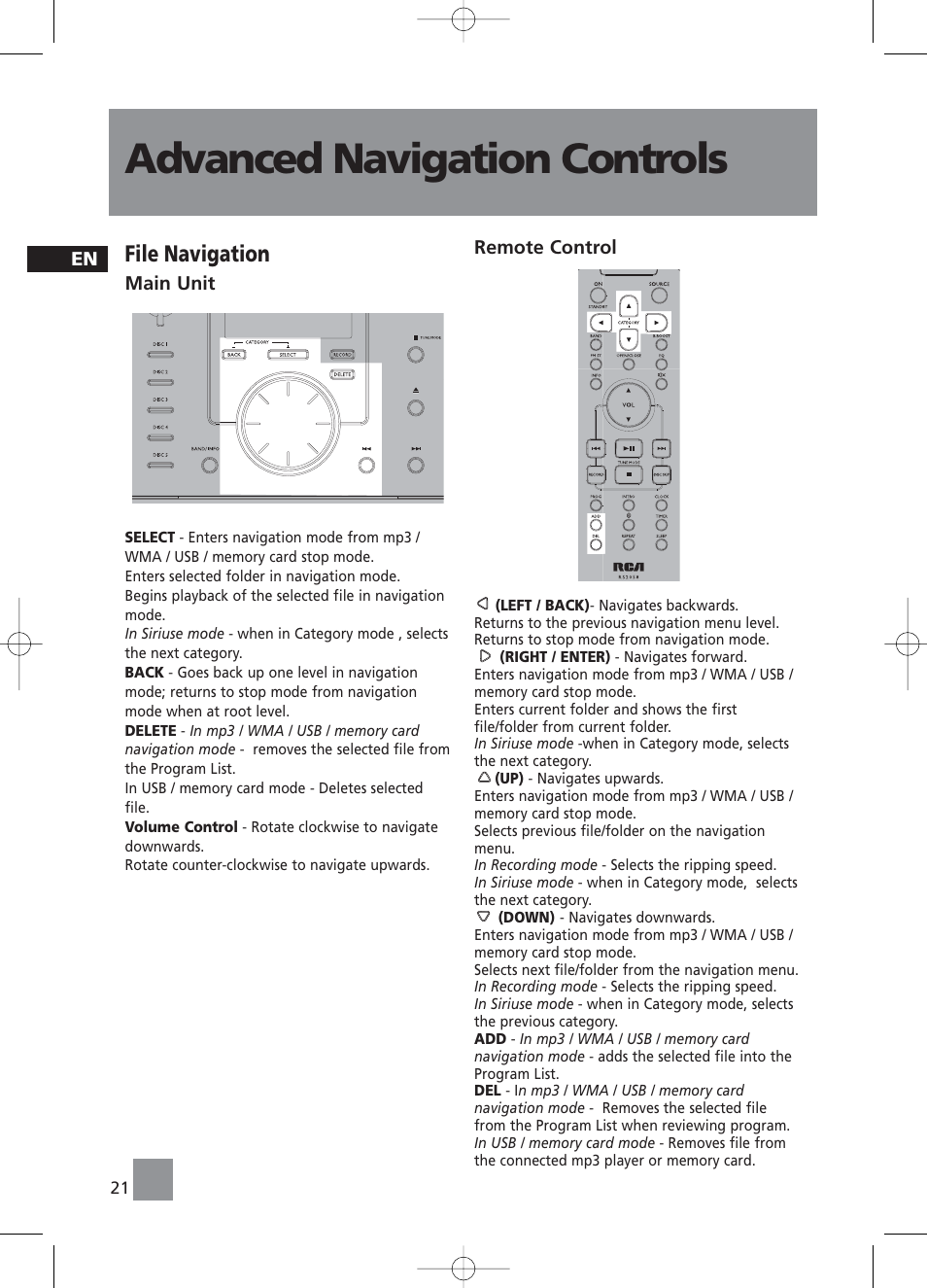 Advanced navigation controls, File navigation | RCA RS2058 User Manual | Page 26 / 38