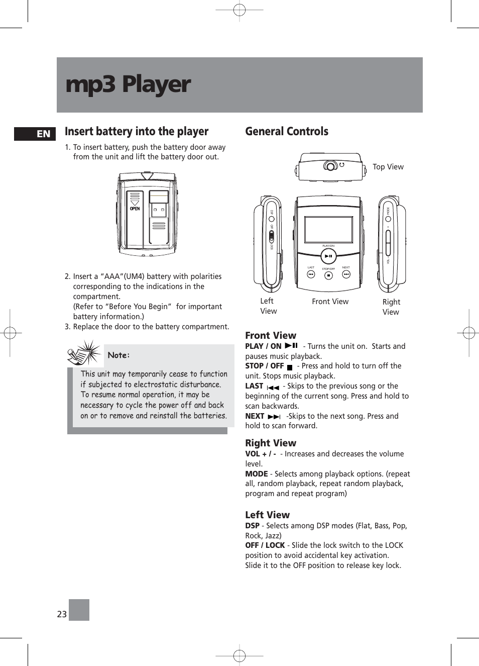 Mp3 player, Insert battery into the player, General controls | Front v iew, Right view, Left view | RCA RS2058 User Manual | Page 28 / 38