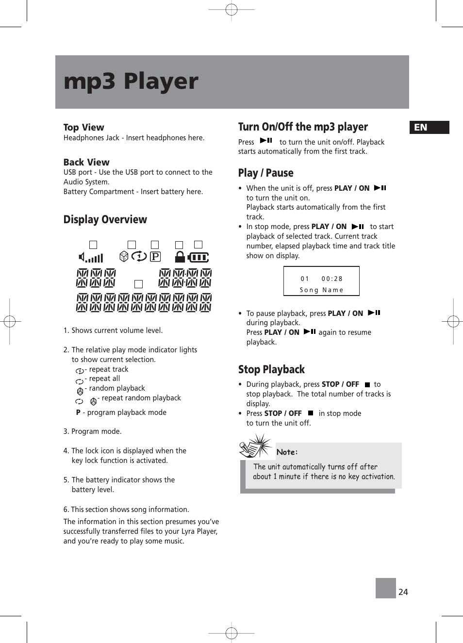 Mp3 player, Display overview, Turn on/off the mp3 player | Play / pause, Stop playback | RCA RS2058 User Manual | Page 29 / 38