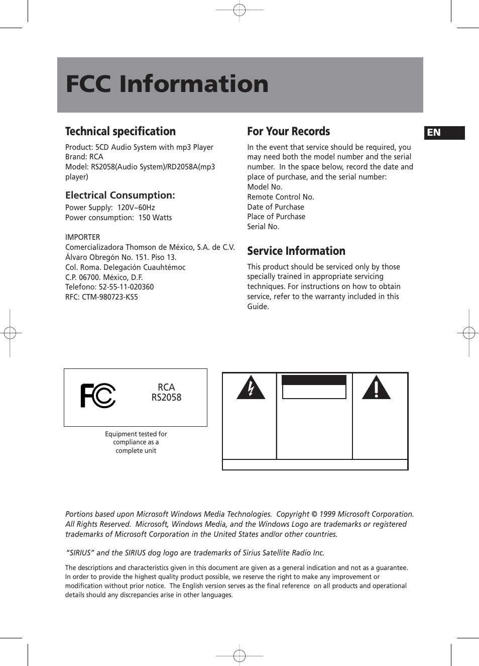 Fcc information, Technical specification, For your records | Service information, Caution | RCA RS2058 User Manual | Page 3 / 38